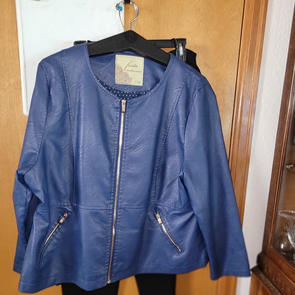 Blue leather front zip jacket with zipper pockets